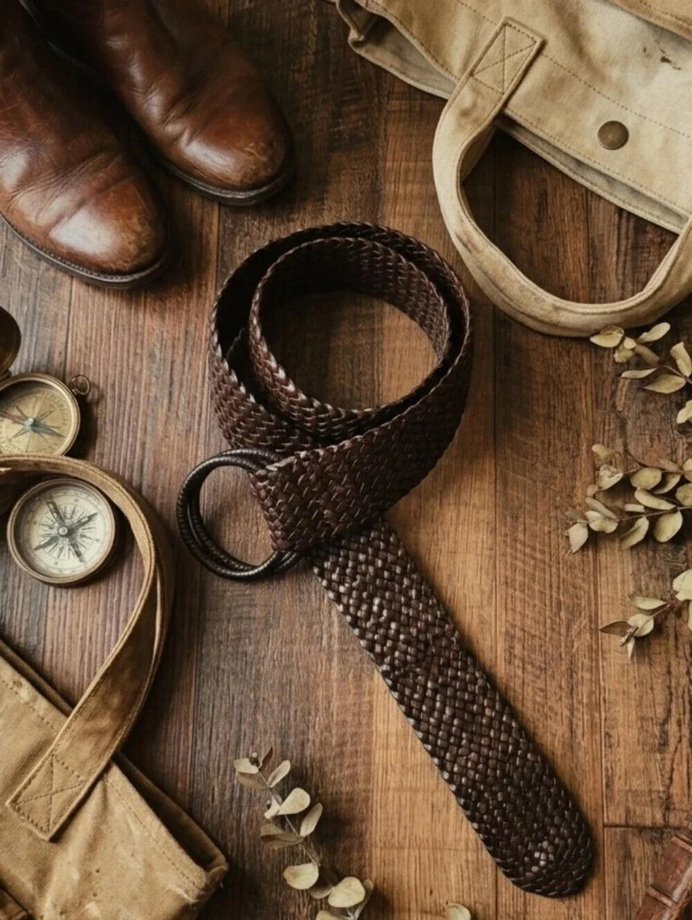Vintage Style Brown Woven Belt with Circular Ring Buckle